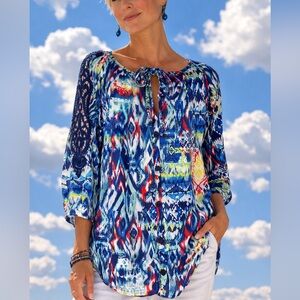 French Laundry Brightly Colored Graphic 3/4 Sleeve Blouse with Lace Inserts